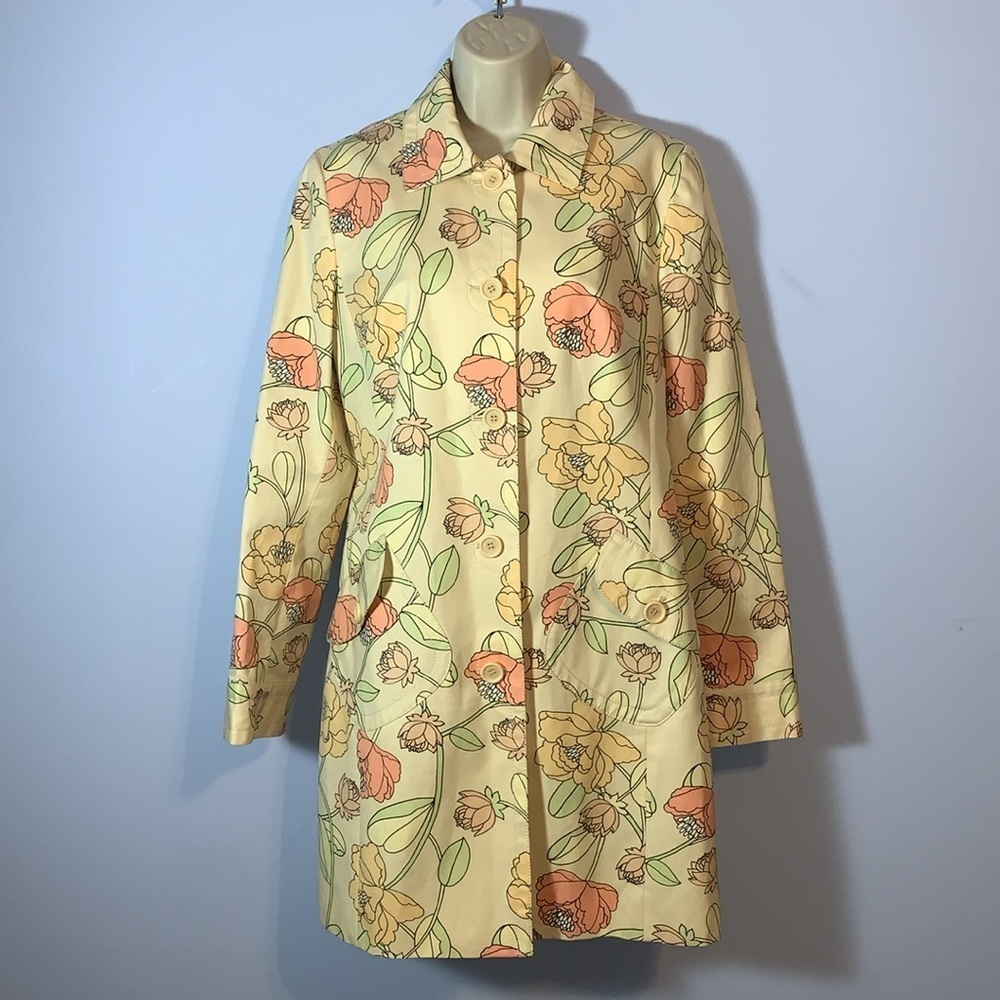 Ann Taylor LOFT Floral spring pastel butter yellow light over coat jacket medium